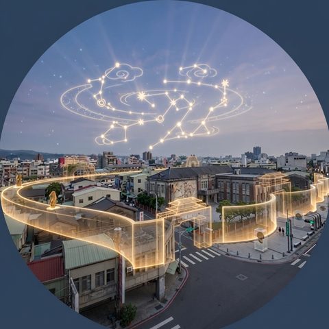 「諸羅顕影」経済学 — 夜空に浮かぶ古城の輪郭と光の投影