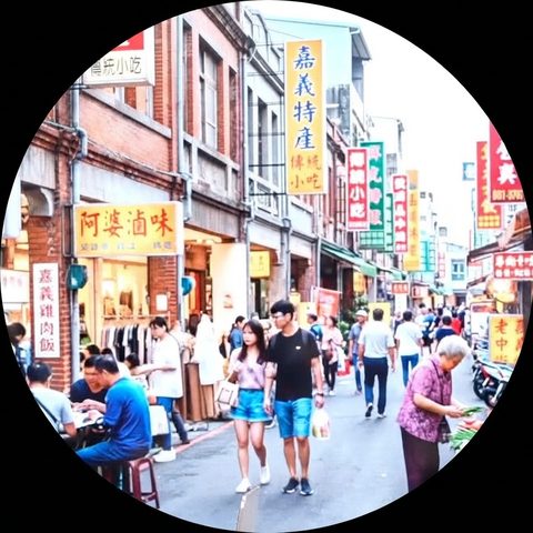 歩行経済学 — 嘉義の旧市街、歩く人々と町の店の風景